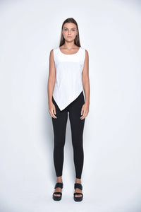 White uneven hem tank top by SIMPLY MILA, modern women's clothing, front view showcasing the stylish asymmetrical hem.