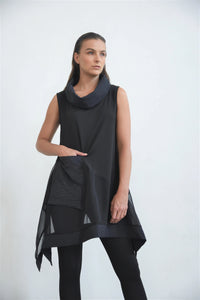Sleeveless mix print tunic by SIMPLY MILA, modern women's clothing, shown on a model with a relaxed fit and stylish design.