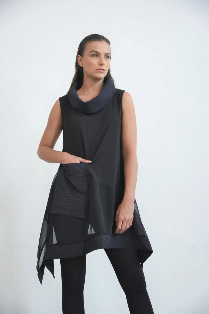 Sleeveless mix print tunic by SIMPLY MILA, modern women's clothing, shown on a model with a relaxed fit and stylish design.