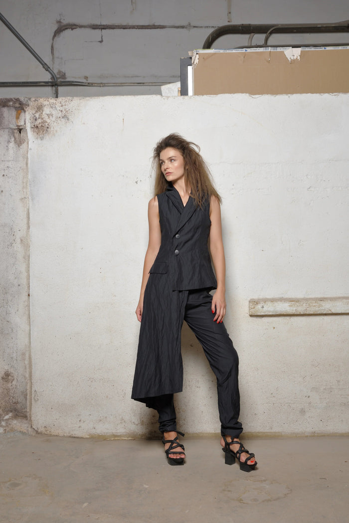 Fashionable uneven vest from Simply Mila Modern Women's Clothing, styled with layered textures and a trendy silhouette.