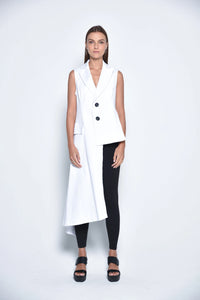Front view of a stylish uneven vest from SIMPLY MILA Modern Women's Clothing, featuring a unique layered design.