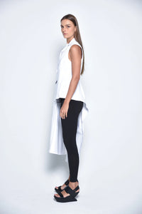Side view of SIMPLY MILA modern women's uneven vest showcasing its textured, asymmetrical design and stylish fit.