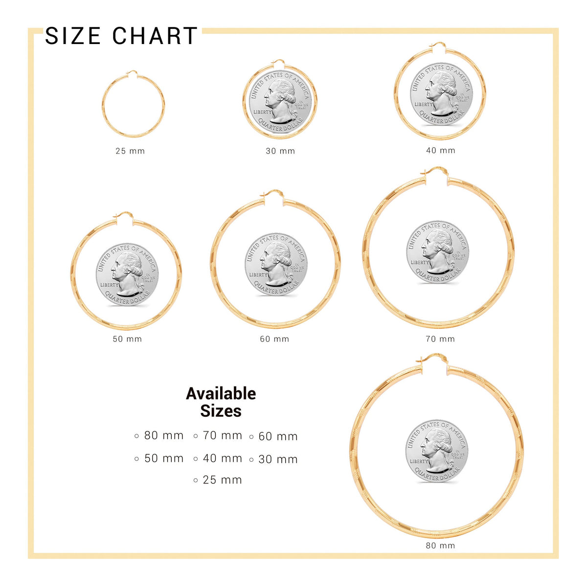 14K gold-filled hoop earrings with slit cut design, available in sizes from 25 to 80 mm, by JB Jewelry BLVD