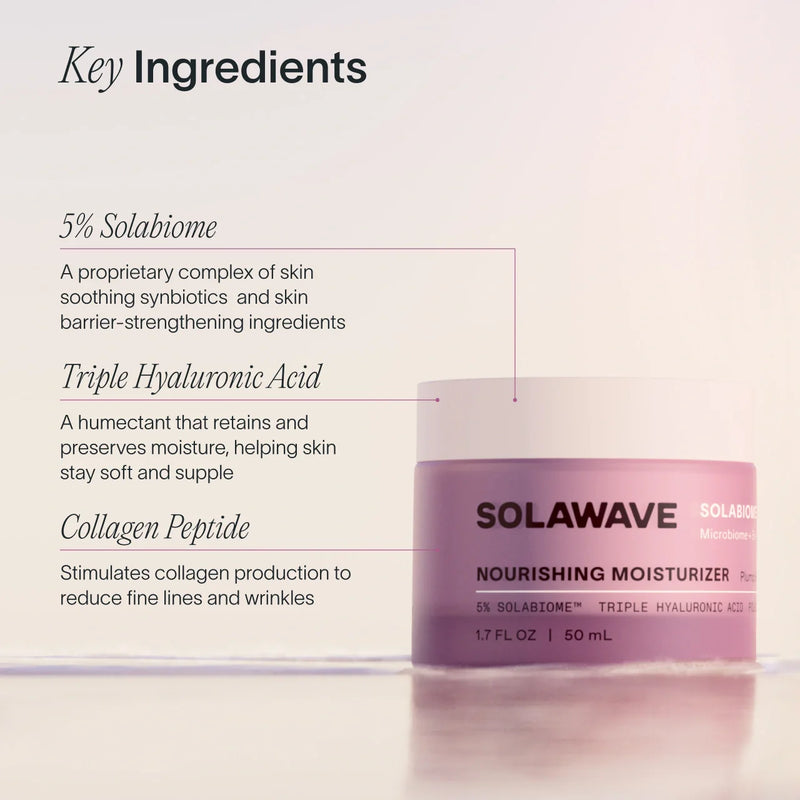 Solawave Pre- & Probiotic Nourishing Moisturizer in a sleek jar, showing the creamy texture of the skincare product.