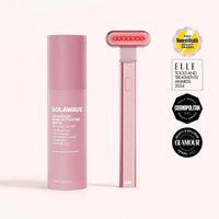 Solawave 4-in-1 red light therapy wand and activating serum kit in rose gold, showcasing skincare tools for facial treatment.