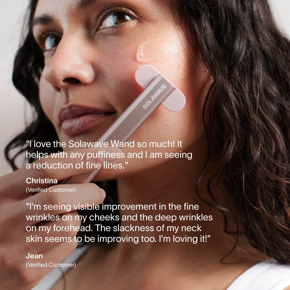 Solawave 4-in-1 red light therapy wand with activating serum kit in rose gold, skincare tools for skin rejuvenation and treatment.