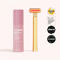 Solawave 4-in-1 red light therapy wand and activating serum kit for skincare, in rose gold with sleek design.