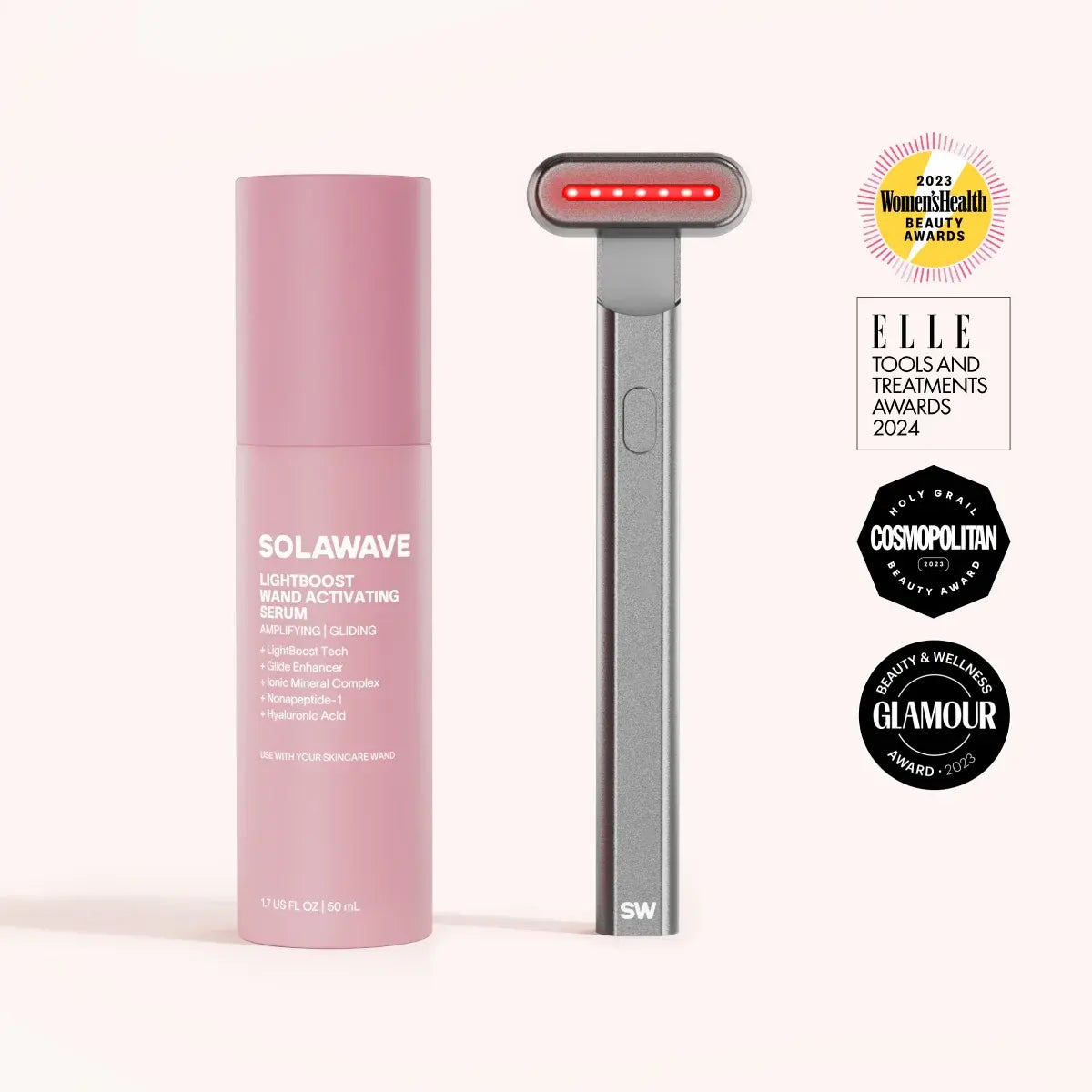 Solawave 4-in-1 Red Light Therapy Wand with activating serum, in rose gold, for skincare and facial rejuvenation.