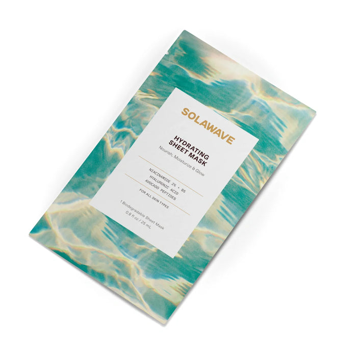 Solawave Hydrating Sheet Mask for skincare, featuring a soothing and nourishing facial sheet mask in a clear package.