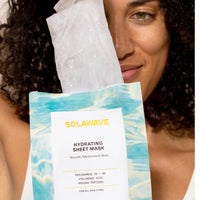 Solawave hydrating sheet mask for skincare, showing the mask soaked in serum in a clear package, designed for deep moisture.