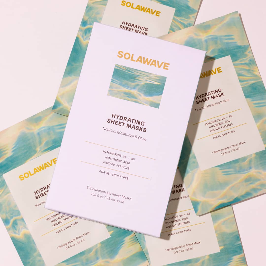Solawave hydrating sheet mask for skincare, showing the mask sheet with soothing ingredients and packaging.