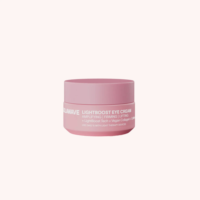 Solawave Light Therapy Boosting Eye Cream in a sleek tube, designed to reduce puffiness and brighten the under-eye area.