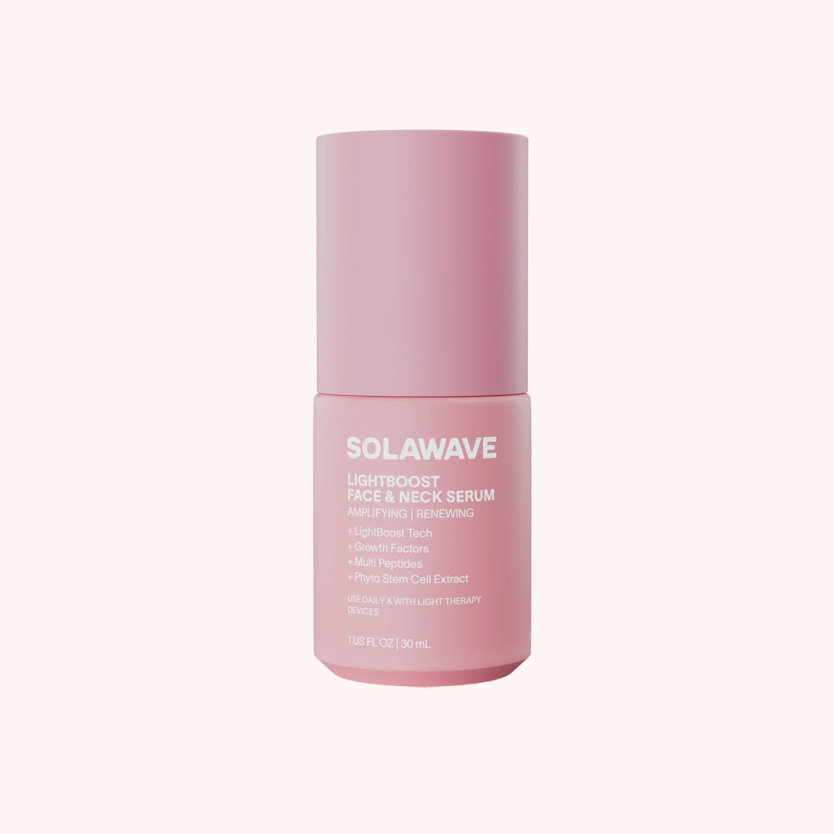 Solawave Light Therapy Boosting Face and Neck Serum for skincare, featuring a sleek bottle and applicator for radiant skin.