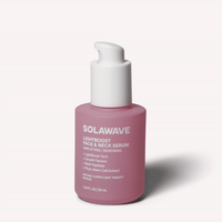 Solawave Light Therapy Boosting Face and Neck Serum in a sleek skincare bottle with a pump dispenser.