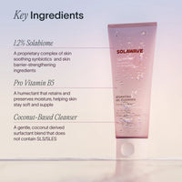 Solawave Pre- & Probiotic Hydrating Gel Cleanser for skincare, showing a clear gel in a pump bottle with fresh ingredients around it.
