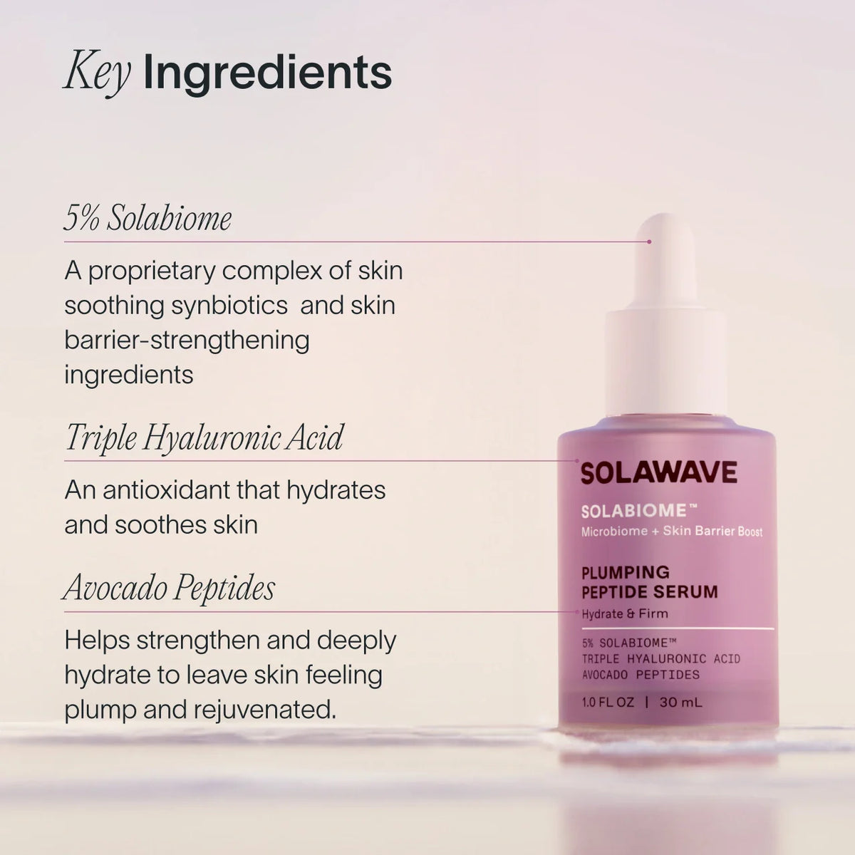 Solawave Pre- & Probiotic Plumping Peptide Serum in a glass bottle, featuring a dropper for skincare topicals to hydrate and firm skin.