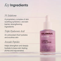 Solawave Pre- & Probiotic Plumping Peptide Serum in a glass bottle, featuring a dropper for skincare topicals to hydrate and firm skin.