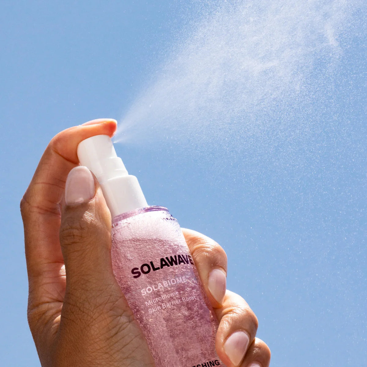 Solawave Pre- & Probiotic Refreshing Jelly Mist in a clear spray bottle, designed for skincare topicals and hydration.