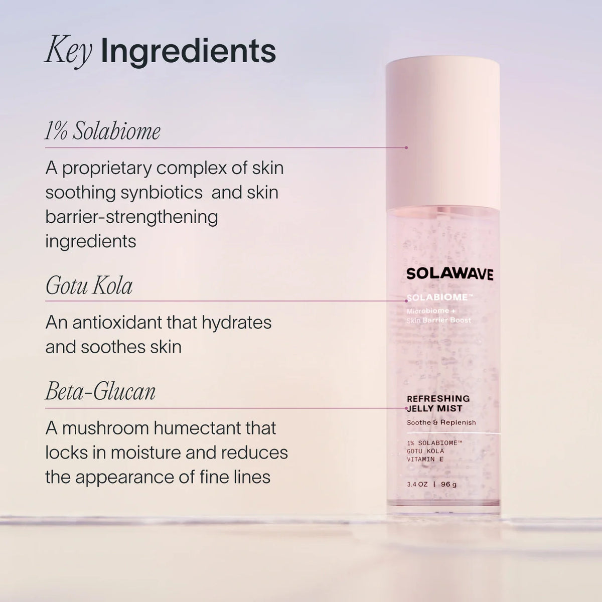 Solawave Pre- & Probiotic Refreshing Jelly Mist in a clear spray bottle, skincare topical for hydration and skin refreshment.