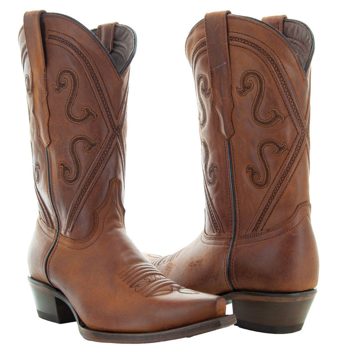 Women's tan leather Cheyenne Cowgirl Boots with snipped toe from Soto Boots, featuring classic cowboy boot design.