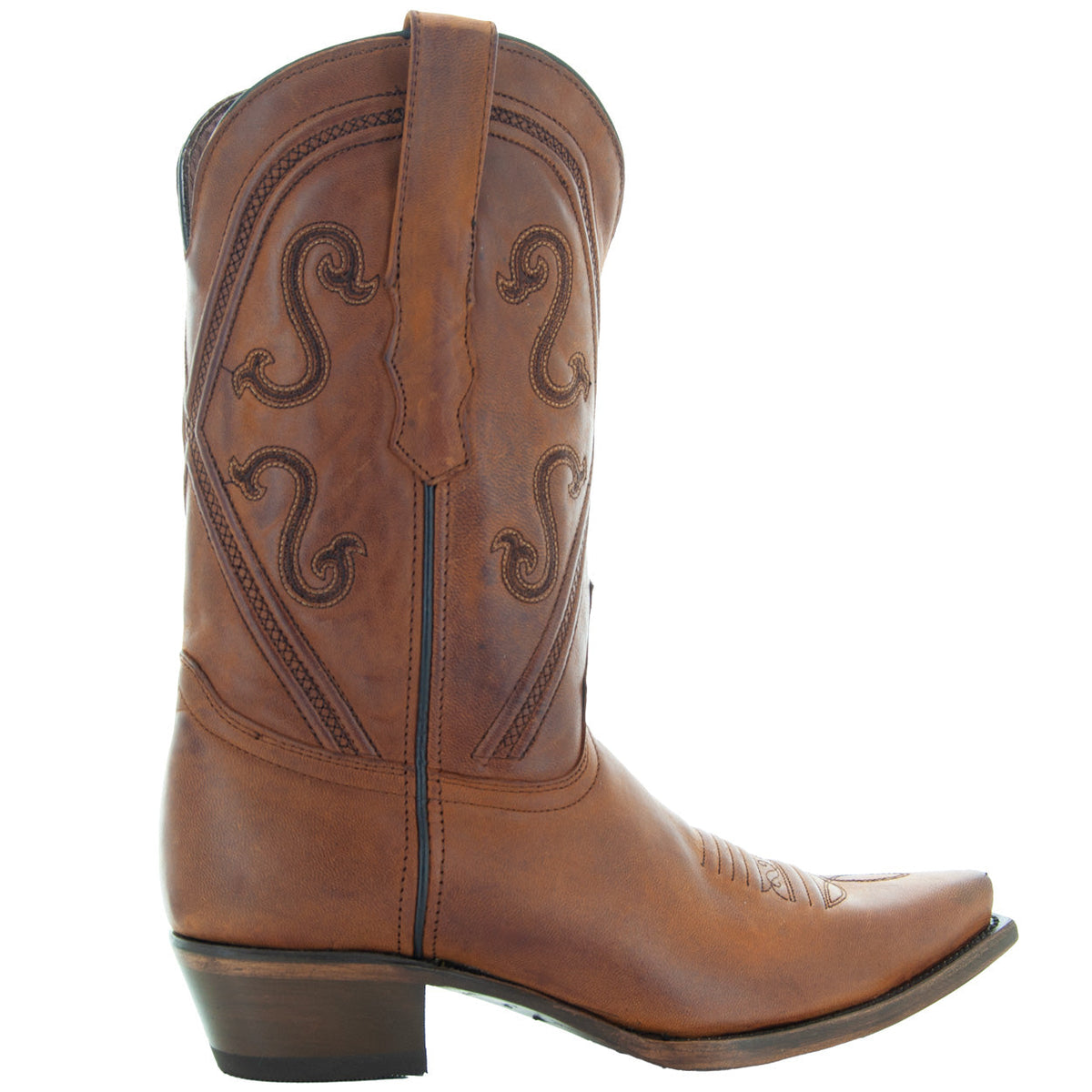 Soto Boots Cheyenne Cowgirl Boots with snipped toe, tan leather, side view showcasing cowboy boot style for women.