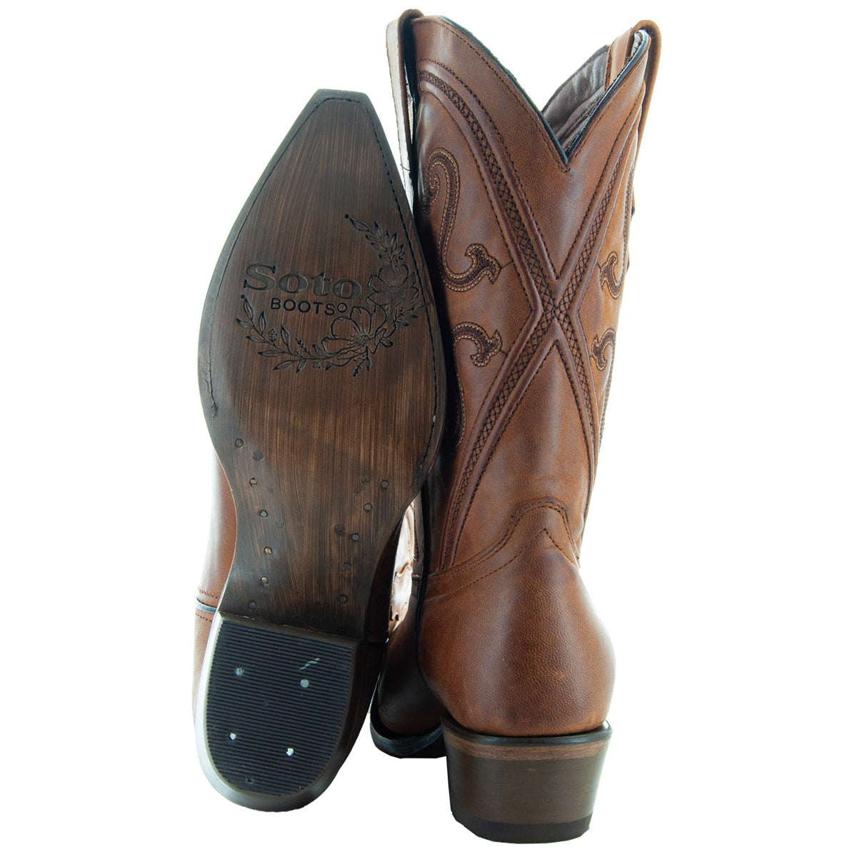 Women's Cheyenne Cowgirl Boots by Soto Boots with tan leather, snipped toe, cowboy style, and sturdy sole.