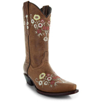 Women's snipped toe Western cowboy boots by Soto Boots featuring floral embroidery and tan leather design.