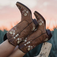 Women's snipped toe Western cowboy boots by Soto Boots featuring floral design and tan leather with intricate embroidery.