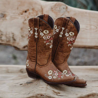 Women's snipped toe Western cowboy boots by Soto Boots featuring floral embroidery and tan leather design.