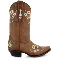 Women's snipped toe Western cowboy boots by Soto Boots featuring floral embroidery and tan leather, styled as showstopper cowgirl boots.