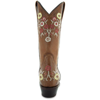 Women's Soto Boots floral snipped toe Western cowboy boots with intricate floral embroidery in tan, showcasing Western style and craftsmanship.