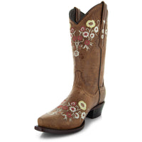 Women's tan Soto Boots cowboy boots with snipped toe and floral design, showcasing Western style and intricate floral details.