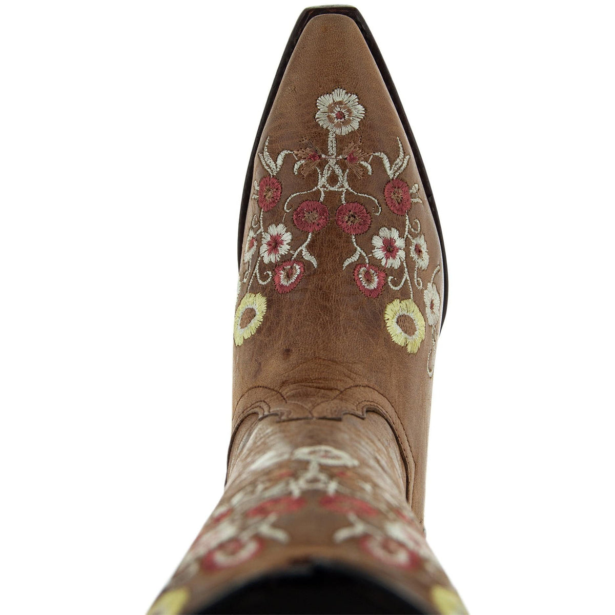 Women's snipped toe western cowboy boots by Soto Boots with floral design and tan leather, showcasing intricate floral accents.