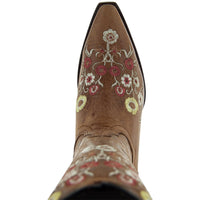 Women's snipped toe western cowboy boots by Soto Boots with floral design and tan leather, showcasing intricate floral accents.
