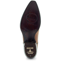 Women's snipped toe Western cowboy boots by Soto Boots with floral design, tan leather, and Western-style stitching.