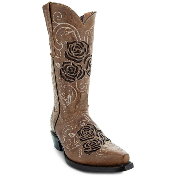 Tan Soto Boots women's cowgirl boots with rose inlay design, featuring classic Western style and detailed stitching.
