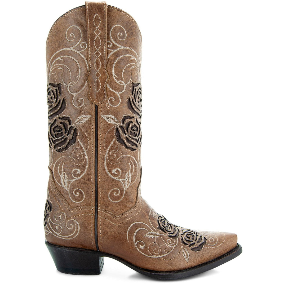 Tan Soto Boots women's cowgirl boots with rose inlay design, featuring pointed toes and Western-style stitching.