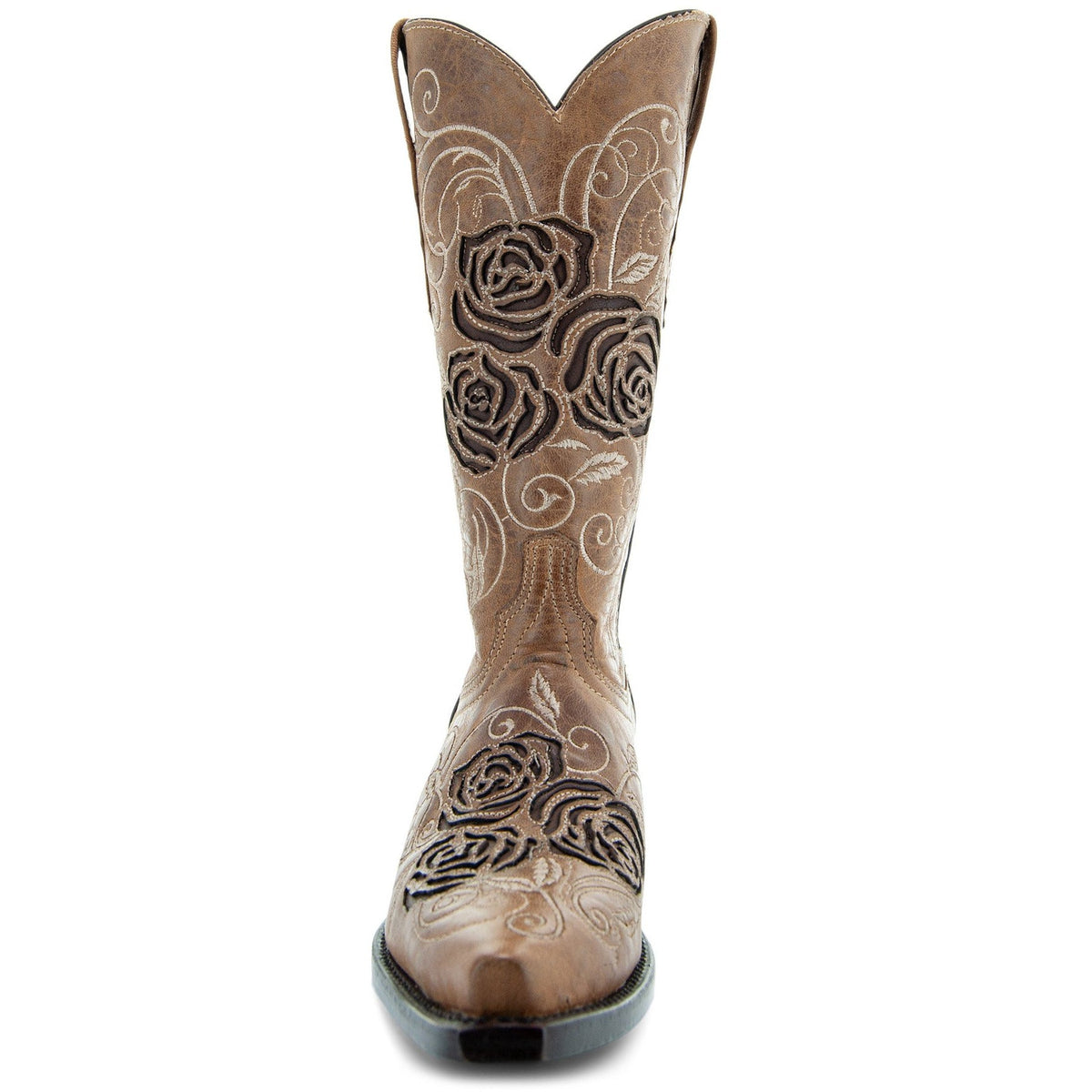 Tan Soto Boots women's cowgirl boots with rose inlay details and classic Western style, featuring pointed toes and stacked heels.