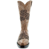 Tan Soto Boots women's cowgirl boots with rose inlay details and classic Western style, featuring pointed toes and stacked heels.