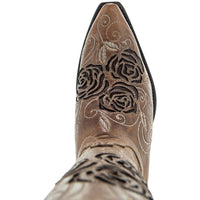Tan Soto Boots women's cowgirl boots with rose inlay design, featuring classic Western-style stitching and pointed toes.