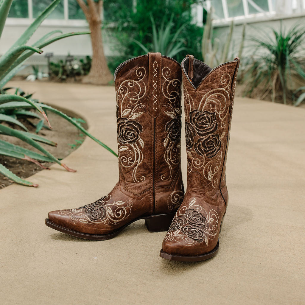 Tan Soto Boots women's cowgirl boots with rose inlay design, pointed toe and western style craftsmanship.
