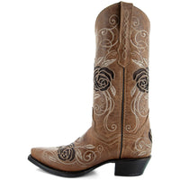 Tan Rose Inlayed women's cowgirl boots by Soto Boots featuring intricate rose inlay details and classic Western style.
