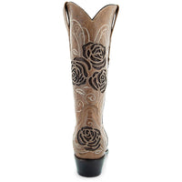 Tan Soto Boots women's cowgirl boots with rose inlay design and pointed toe, showcasing detailed leather craftsmanship.