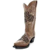 Tan Soto Boots women's cowgirl boots with rose inlay design and pointed toe, showcasing Western-style craftsmanship.