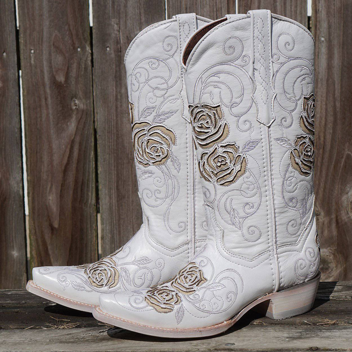White Rose Inlayed Women's Cowgirl Boots by Soto Boots with intricate floral inlay details and classic cowboy boot design.
