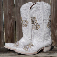 White Rose Inlayed Women's Cowgirl Boots by Soto Boots with intricate floral inlay details and classic cowboy boot design.