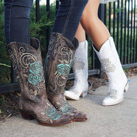 White Rose Inlayed Women's Cowgirl Boots by Soto Boots featuring intricate floral inlay designs on classic white leather.