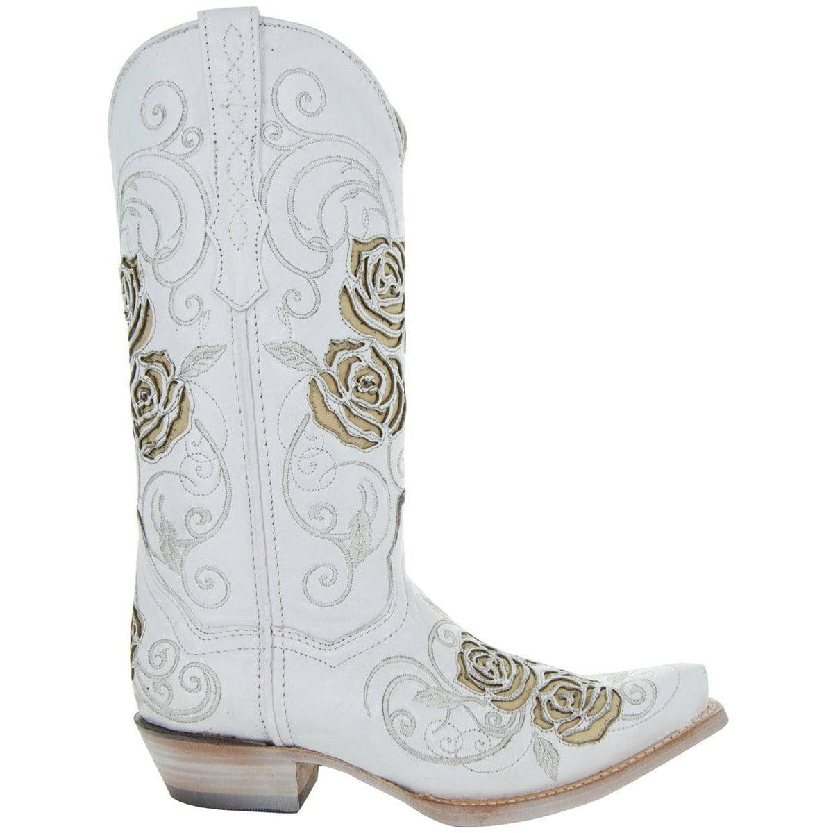 White Rose Inlayed Women's Cowgirl Boots by Soto Boots showcasing intricate white rose inlay design and classic western style.