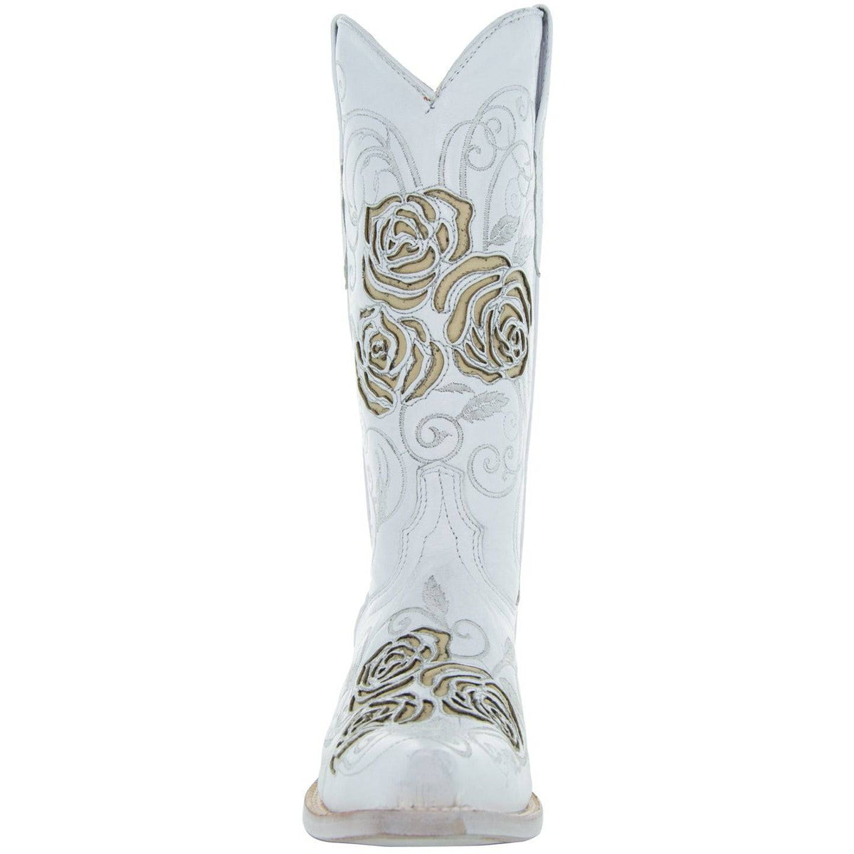 White Rose Inlayed Women's Cowgirl Boots by Soto Boots featuring intricate white rose inlay details and classic Western style.