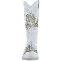 White Rose Inlayed Women's Cowgirl Boots by Soto Boots featuring intricate white rose inlay details and classic Western style.